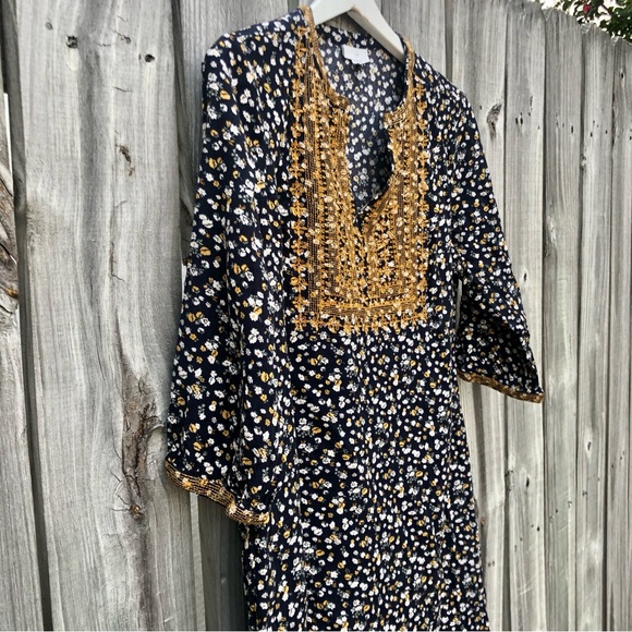 J. JILL Dress Embroidered BOHO Floral Womens Small Navy Blue Gold - Picture 3 of 12